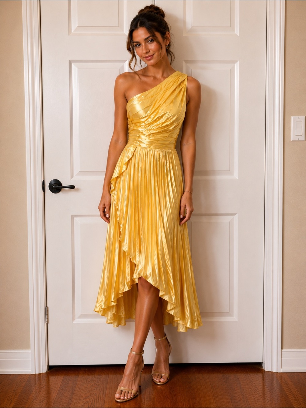 One-Shoulder Yellow Pleated Satin Evening Dress